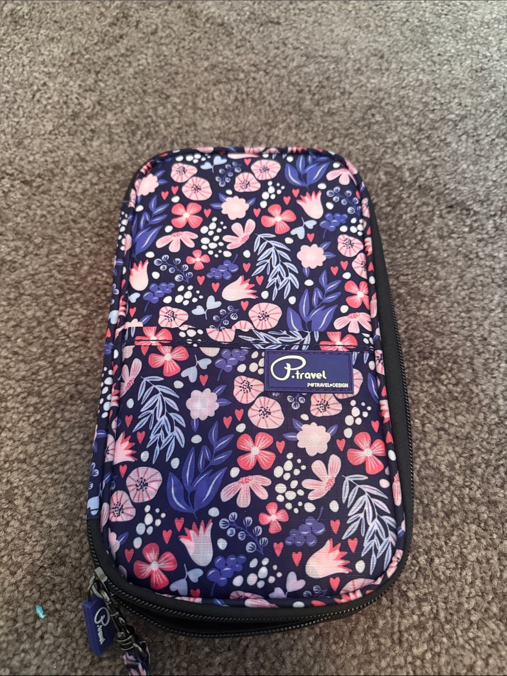Travel passport holder Navy Floral Pencil Pouch with Pink and Purple Accents
